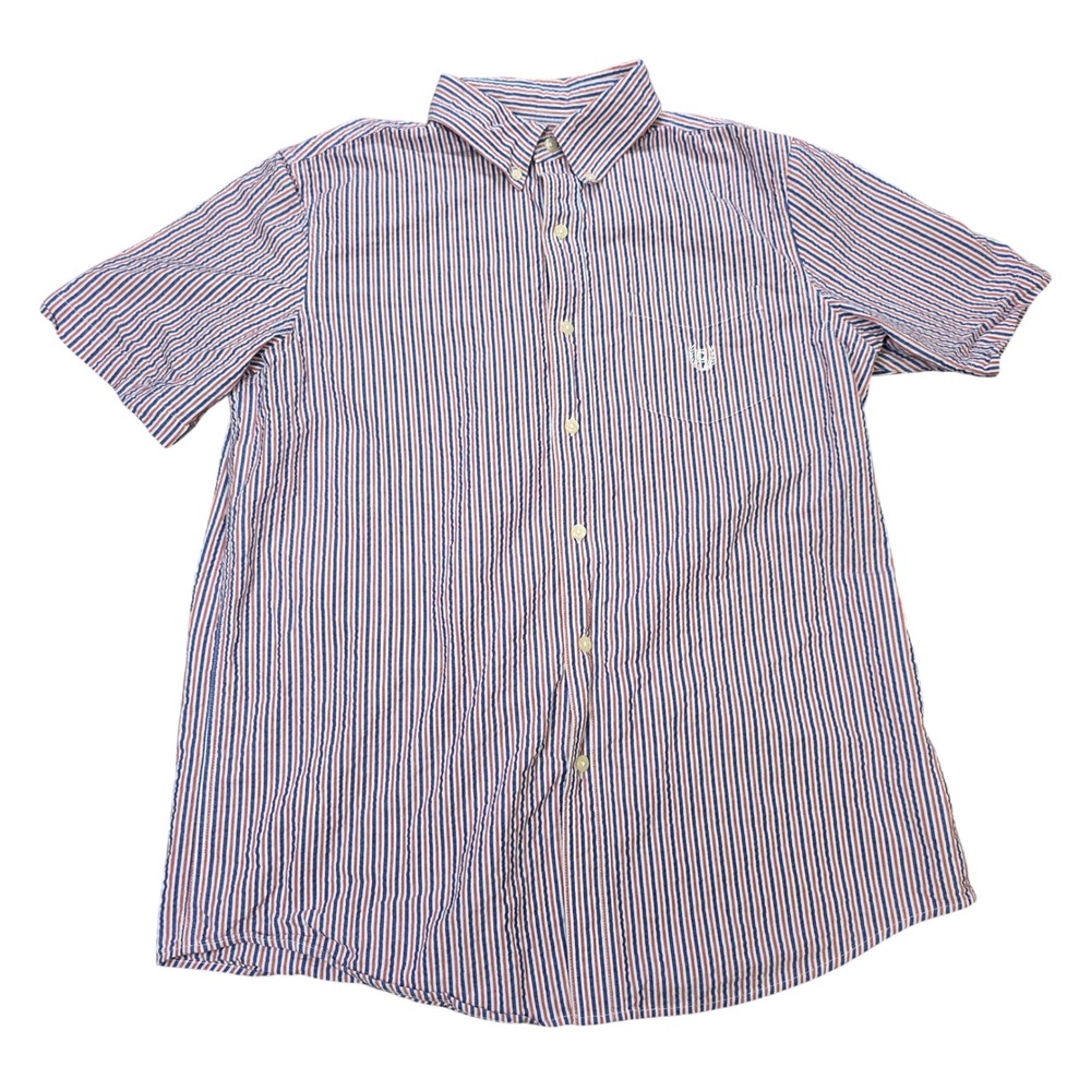 Chaps Striped Seersucker Shirt Men's Size M Red White Blue Short Sleeve Buttons